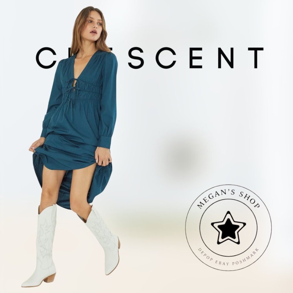 NWT Modest Crescent Blue V-neck Long Sleeve Button Up Midi Dress Women's size M